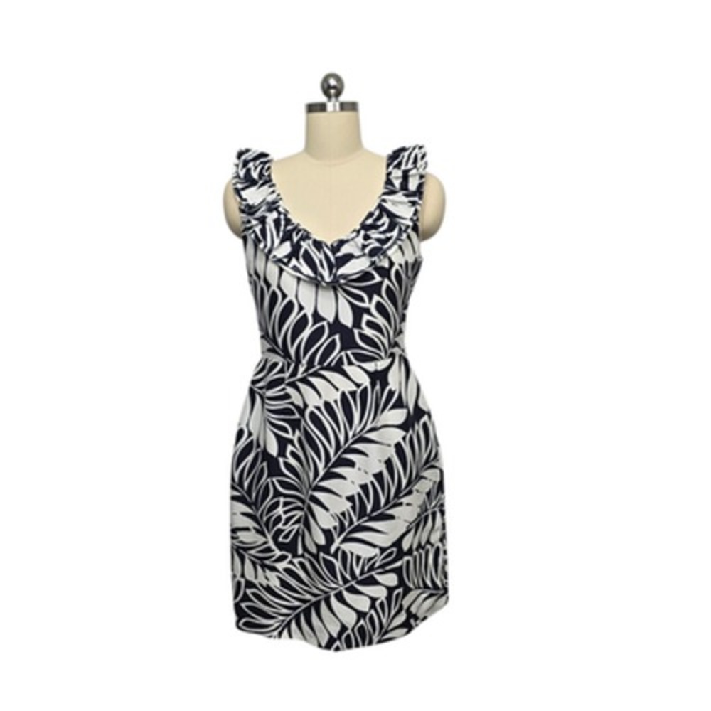 Kate Spade New York Sheath Dress Womens 6 Navy White Silk Ruffle Neck Leaf Print